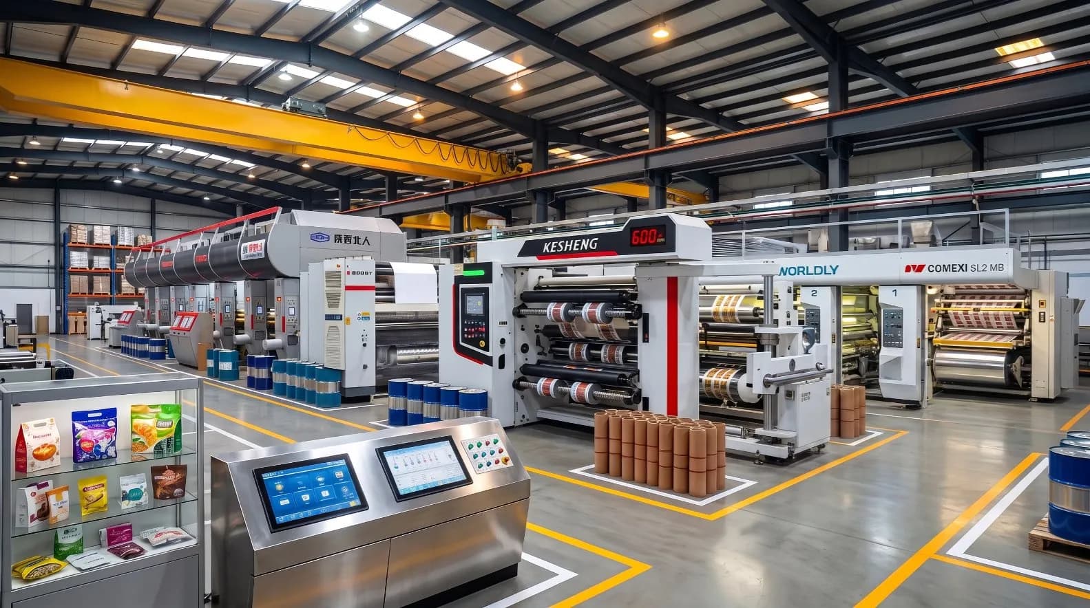 Pak Packages production floor — rotogravure printing and slitting lines
